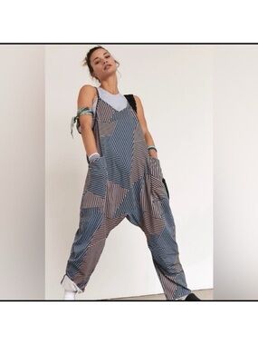 FREE PEOPLE Printed Hot Shot Onesie in Black Stripe Combo Blue FP Movement